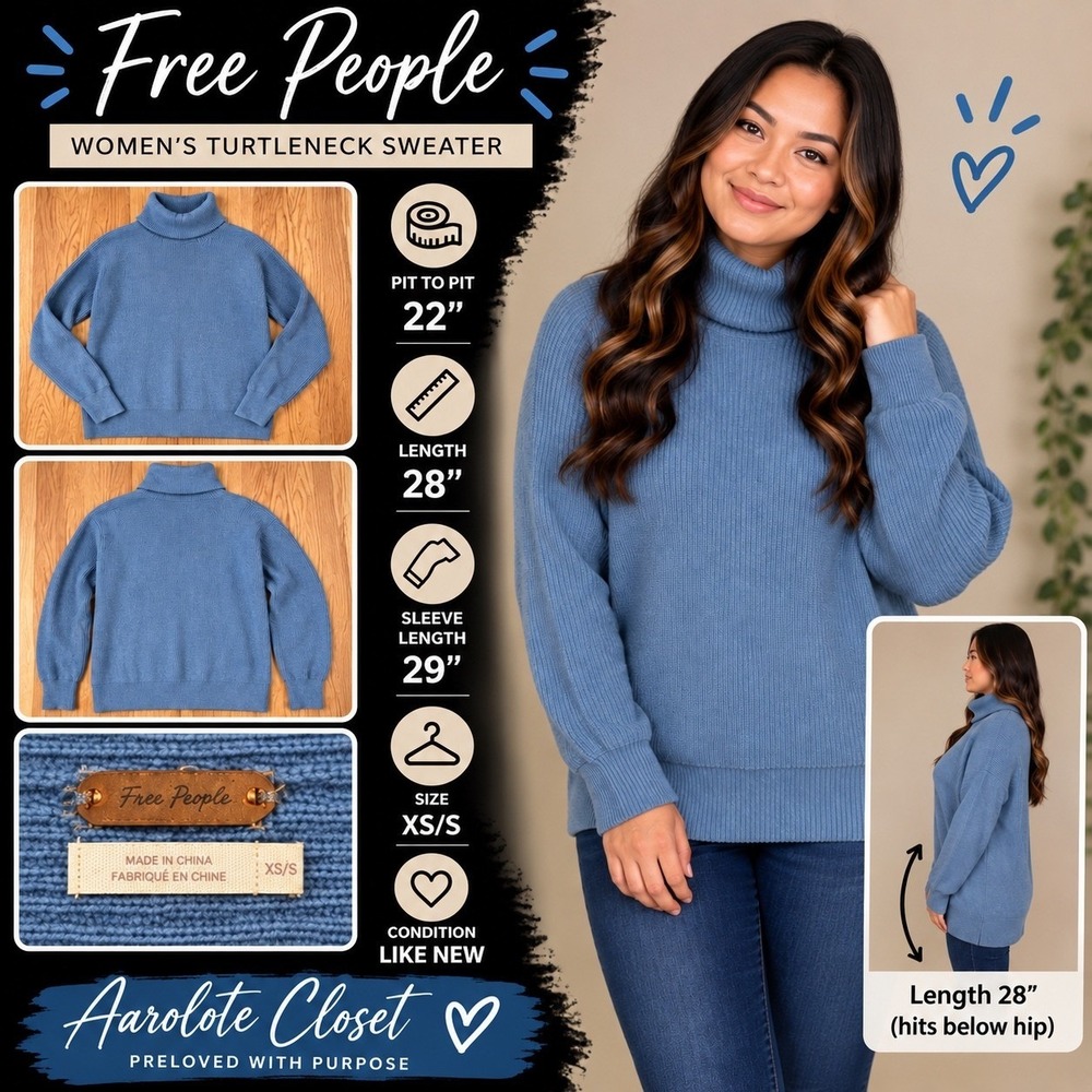 Free People Ribbed Turtleneck Sweater Blue Grey Balloon Sleeve XS Relaxed Fit
